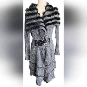 Sloni Alpaca Gray Mohair Wool Blend Buckle Black Fur Cardigan Sweater Women's M